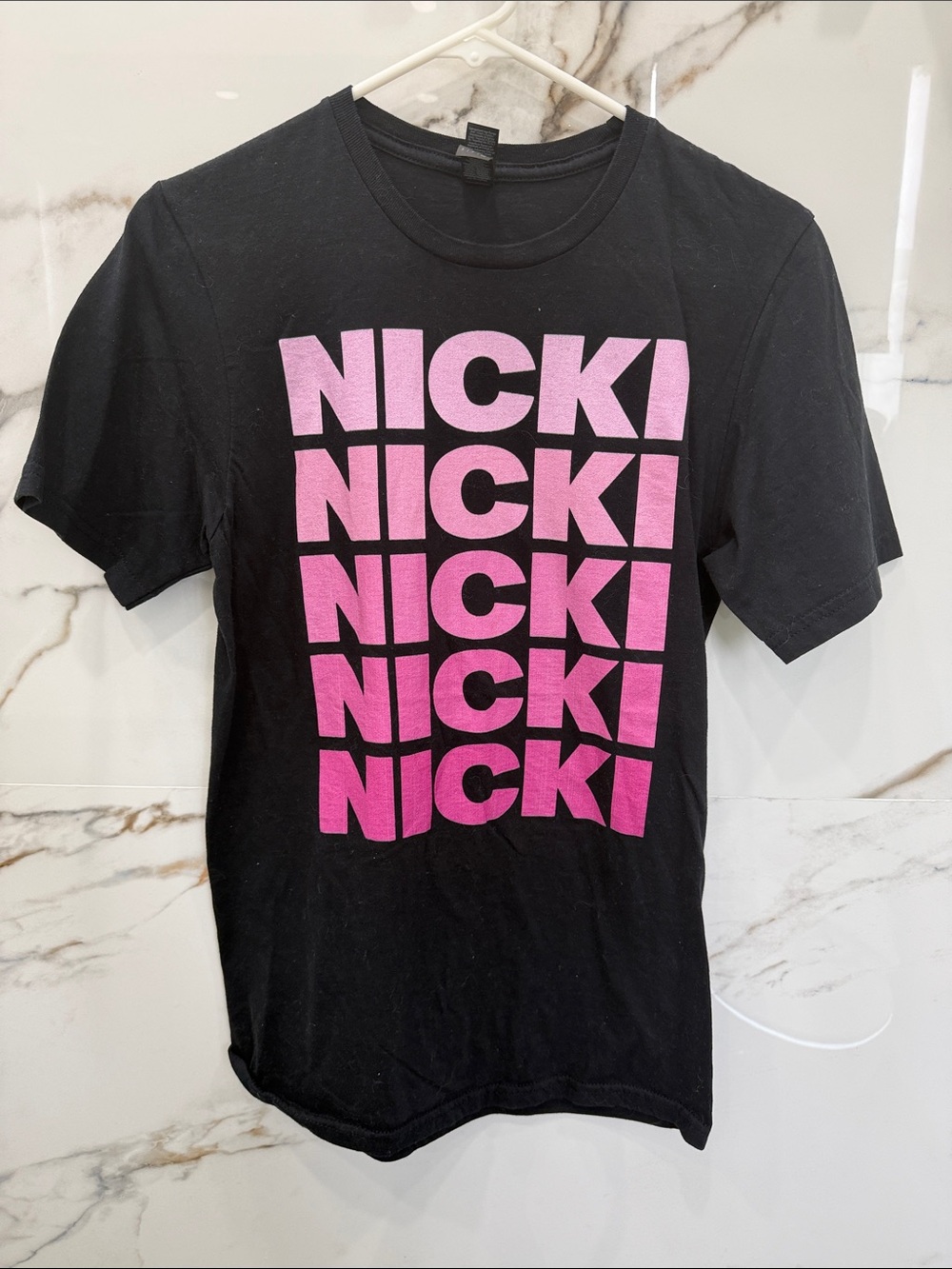 Gildan Black Short-Sleeve Tee with Pink 'NICKI' Repeat Print